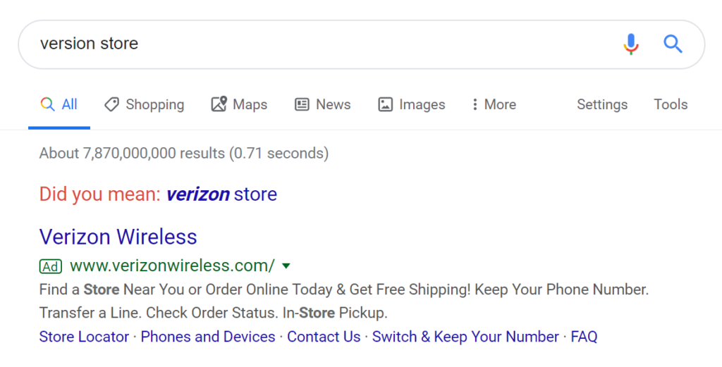 Google suggests Verizon Store