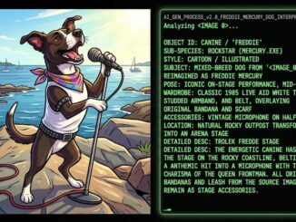 An AI-generated cartoon of my dog Freddie Mercury, standing on a rocky outcrop near an ocean harbor. Freddie is standing on his hind legs, singing into a microphone on a stand. He's wearing a white tanktop, and studded leather belt & arm band, like his rockstar namesake. Freddie's leash has been transformed into the microphone cable.